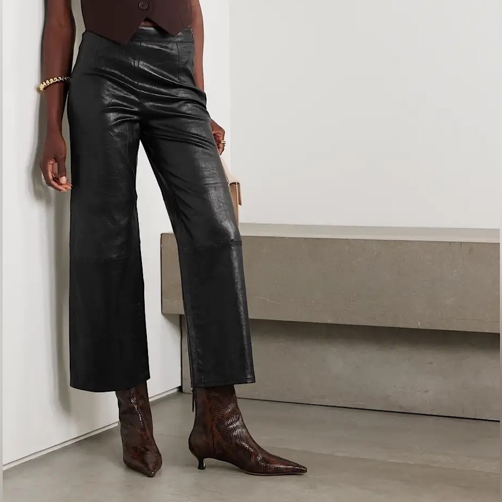 FRAME LEATHER CROPPED HIGH RISE WIDE LEG PANTS WHIMSIGOTH EDGY BIKER Black L